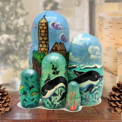Lighthouse Nesting Hand-Painted Dolls Matreshka Set of 5 by G. DeBrekht - Coastal Holiday Decor - 1300810