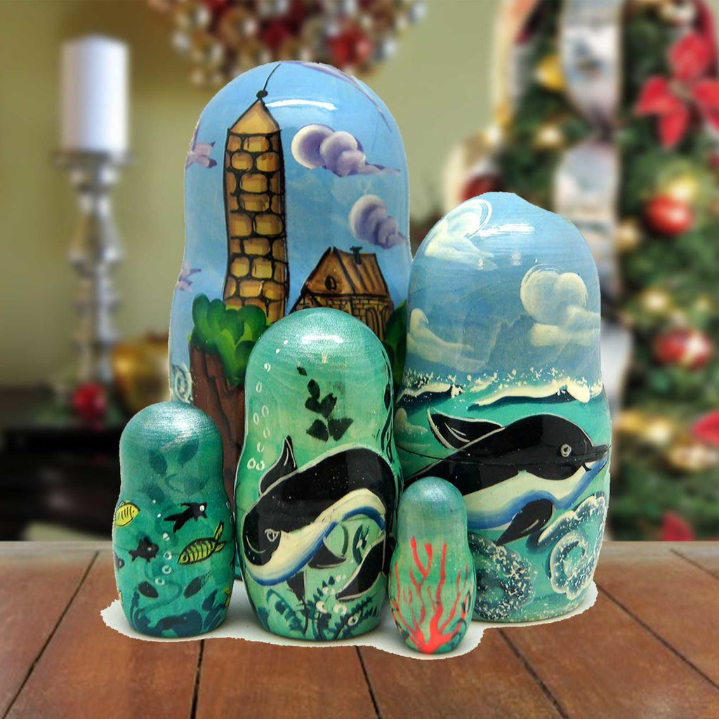 Lighthouse Nesting Hand-Painted Dolls Matreshka Set of 5 by G. DeBrekht - Coastal Holiday Decor - 1300810