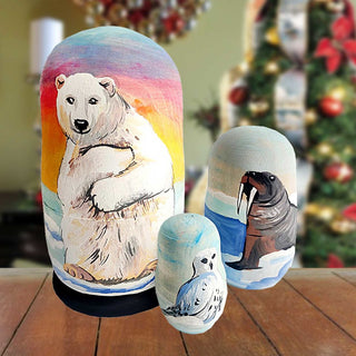 Polar Bear Matreshka Nesting Hand-Painted Doll Set of 3 by G. DeBrekht - Wildlife Holiday Decor - 14769
