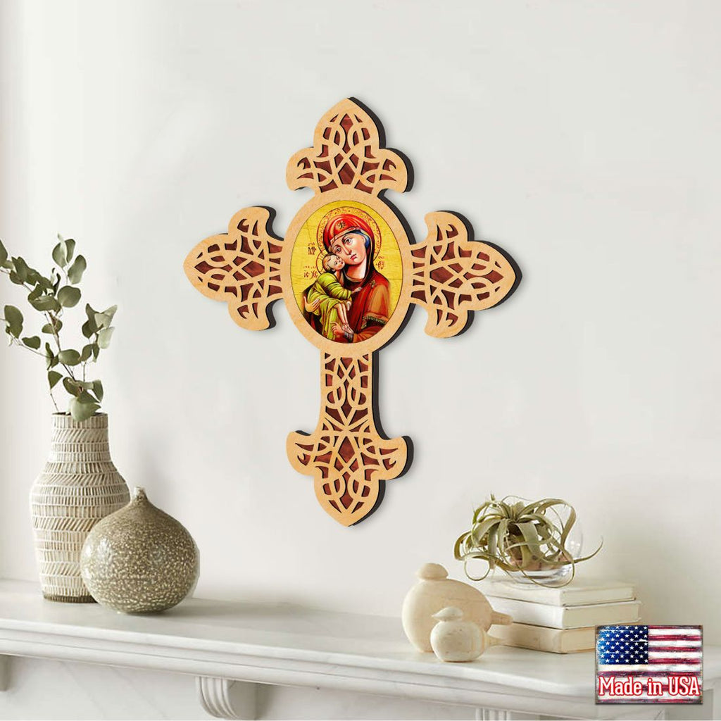 Vladimir Virgin Mary Pointy Wooden Cross by Museum Icons - Inspirational Icon Decor - 88311
