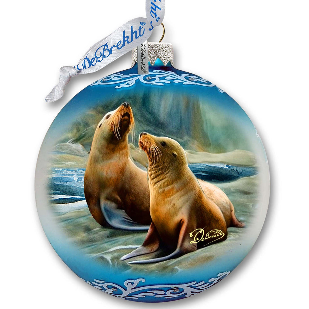 Coastal Sea Lions Glass Ornament by G. Debrekht - Wildlife Holiday Decor - 73388