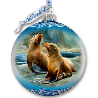 Coastal Sea Lions Glass Ornament by G. Debrekht - Wildlife Holiday Decor - 73388