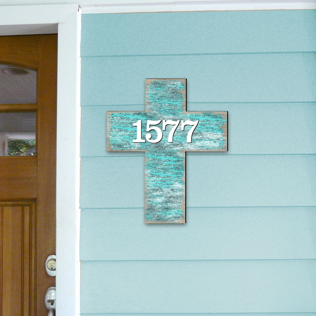 Cross Wooden Custom House Number Sign - Easter Spring Decor - Handcrafted Wooden Handcrafted Wooden Address Sign - MA8198313