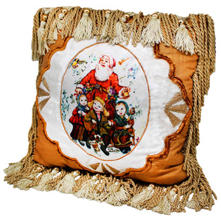Christmas Story Santa Pillow with Insert - Handmade Tapestry from Velvet and Silk Hand-Embroidered with Gold 12x12 Inches by G. Debrekht - Unique Handcrafted Home Decor