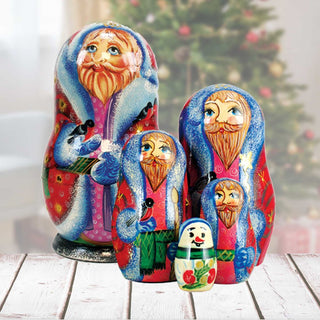 Santa Bird Lower Matreshka Nesting Hand-Painted Doll Set of 5 by G. DeBrekht - Christmas Santa Snowman Decor - 110071