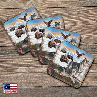 Winter Wolves Wooden Cork Coasters Gift Set of 4 by Nature Wonders - Nature Wildlife Decor - 95222C-S4