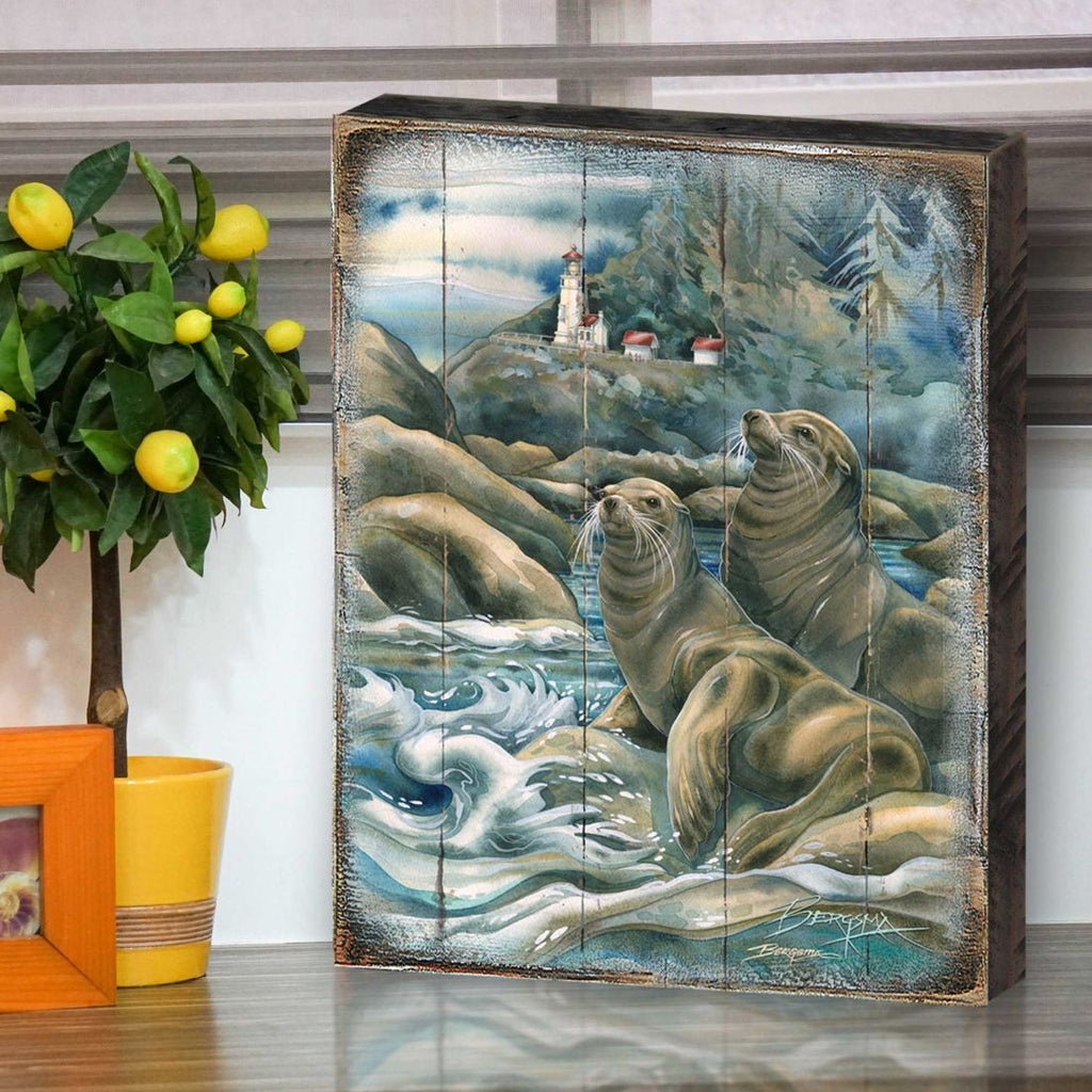 Lions of the Sea Lighthouse Caves Wooden Wall Art by J. Bergsma - Nature Wildlife Decor - 8592883BP-JB