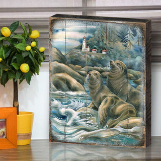 Lions of the Sea Lighthouse Caves Wooden Wall Art by J. Bergsma - Nature Wildlife Decor - 8592883BP-JB