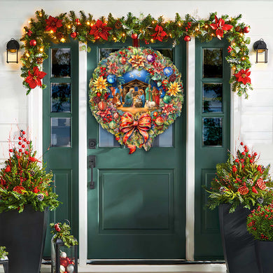 Nativity Wreath Outdoor Indoor Decor Wooden Christmas Decoration by G. Debrekht - Christmas Decor - 8652805F