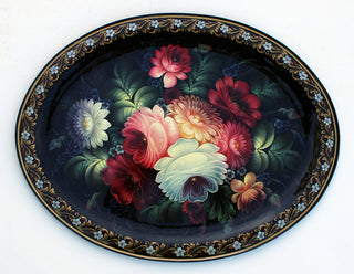One-of-a-Kind Authentic Zhostovo Hand-Painted Metal Tray by Olga Koshkina 19x15 - Functional Kitchenware and Unique Wall Decor