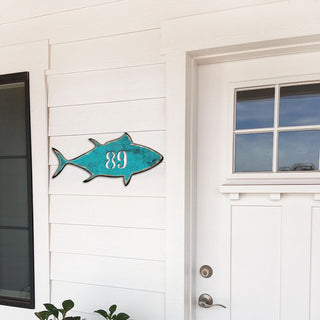 Tuna Fish Coastal Personalized House Number Sign by G. Debrekht - Coastal Sea-Life Decor - Handcrafted Wooden Handcrafted Wooden Handcrafted Wooden Address Sign - MA98548