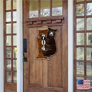 Bear on the Stoop Log Cabin Personalized House Number Sign by G. Debrekht - Nature Wildlife Decor - Handcrafted Wooden Address Sign - MA81982153