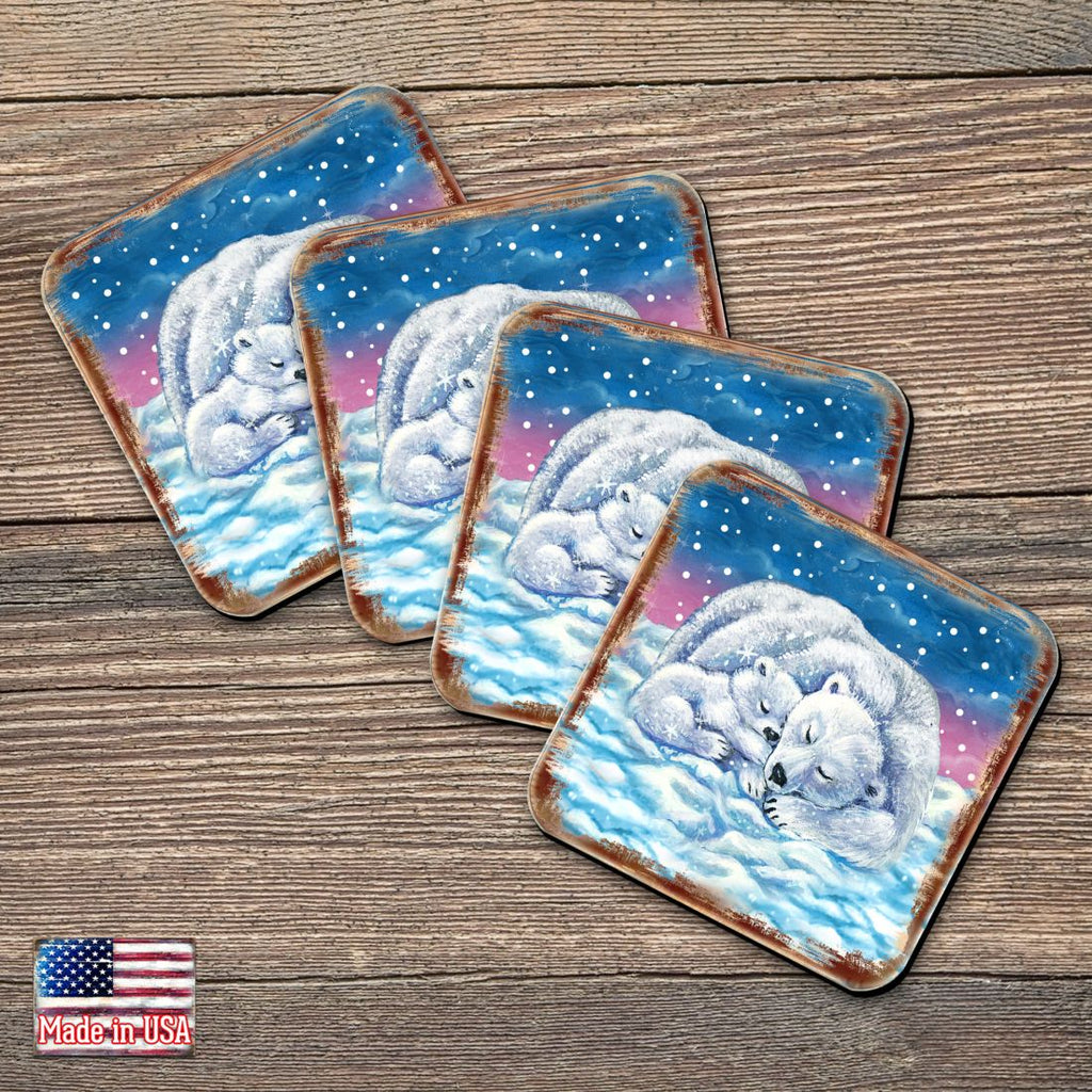 Polar Bears Wooden Cork Coasters Gift Set of 4 by Nature Wonders - Nature Wildlife Decor - 95381C-S4