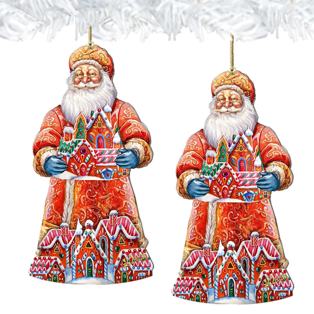 Santa and the Gingerbread House Wooden Ornaments by G. Debrekht - Christmas Santa Snowman Decor - 8691404