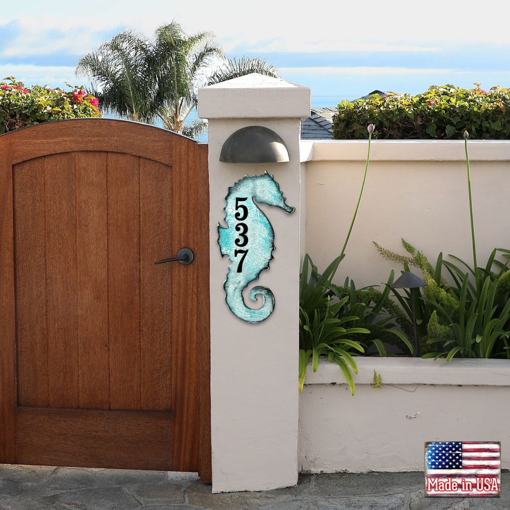 Seahorse Coastal Wooden Personalized House Number Sign by G. Debrekht - Coastal Sea-Life Decor - Handcrafted Wooden Handcrafted Wooden Handcrafted Wooden Address Sign - MA98517