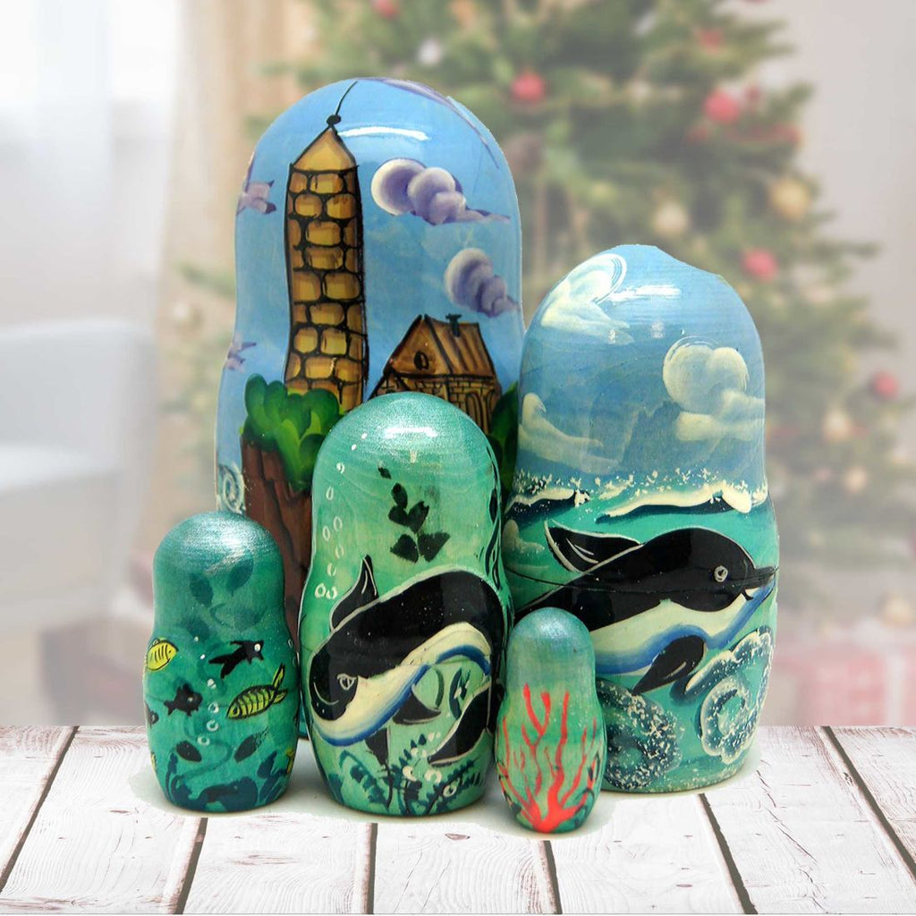 Lighthouse Nesting Hand-Painted Dolls Matreshka Set of 5 by G. DeBrekht - Coastal Holiday Decor - 1300810