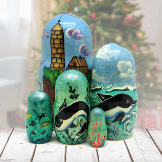 Lighthouse Nesting Hand-Painted Dolls Matreshka Set of 5 by G. DeBrekht - Coastal Holiday Decor - 1300810