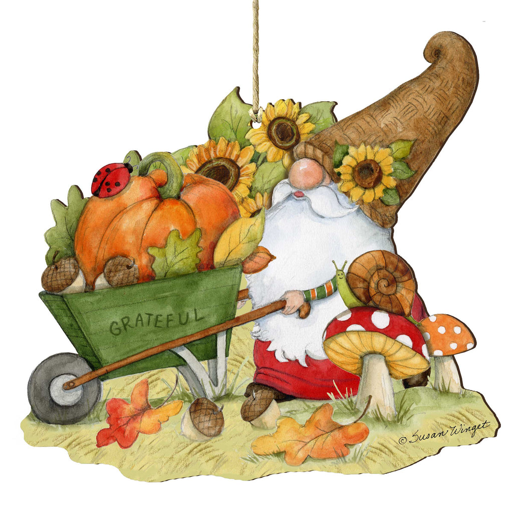 Autumn Decoration Grateful Harvest Gnome with Wheelbarrow and Cornucopia - Handmade Gift by Susan Winget - 8471207-SW