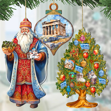 Santas Around the World - Greece Inspired Santa - Eco Wood Ornaments Set of 3 by G. DeBrekht Christmas Santa Snowman Decor - 8091316S3
