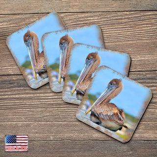 Pelican Coastal Wooden Cork Coasters Gift Set of 4 by Nature Wonders - Coastal Sea-Life Decor - 95325C-S4