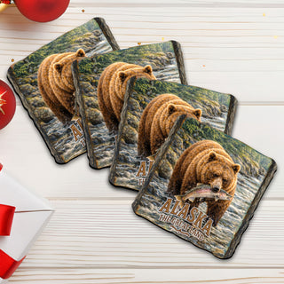 Alaska Grizzly Bear Wooden Coasters – Set of 4 - Cork Backed Wildlife Coasters - 95410C-S4