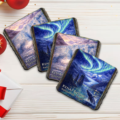 Kenai Fjords National Park Wooden Coasters Set of 4 – Alaska Glacier & Northern Lights Coasters, Made in USA – 95415C-S4