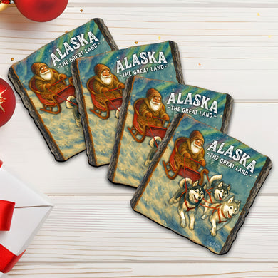 Alaska Santa Dog Sled Wooden Coasters Set of 4 – Husky Christmas Souvenir Drink Coasters, Made in USA – 95420C-S4