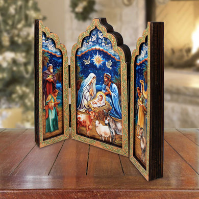 Christmas Story Wooden Tabletop Triptych - Nativity Holiday Decor - Limited Edition Centerpiece Figurine by G. Debrekht 89313-S3