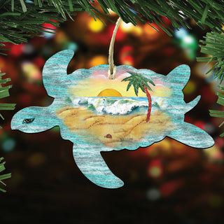 A wooden ornament in the shape of a sea turtle, with a tropical beach scene depicted inside.