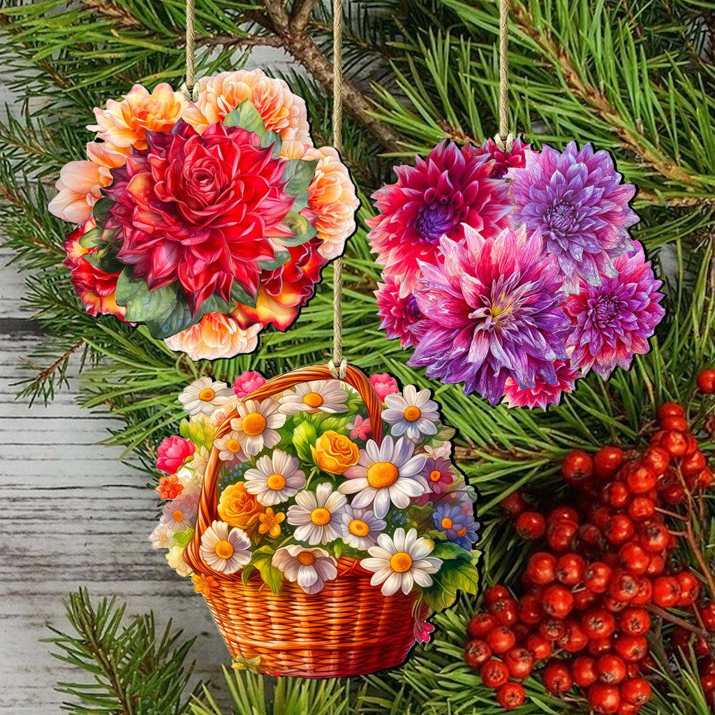 Flower Bouquets Decorative Eco Wood Ornaments Set of 3 by G. Debrekht - Love Family Decor - 8091076-2-S3