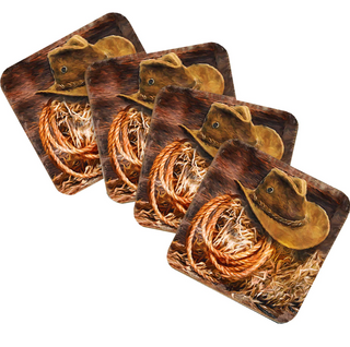 A set of four coasters featuring images of a cowboy hat and a rope on a wooden surface.