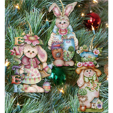 a Christmas tree decorated with various Easter-themed ornaments, including a bunny, a bear, and a bird.