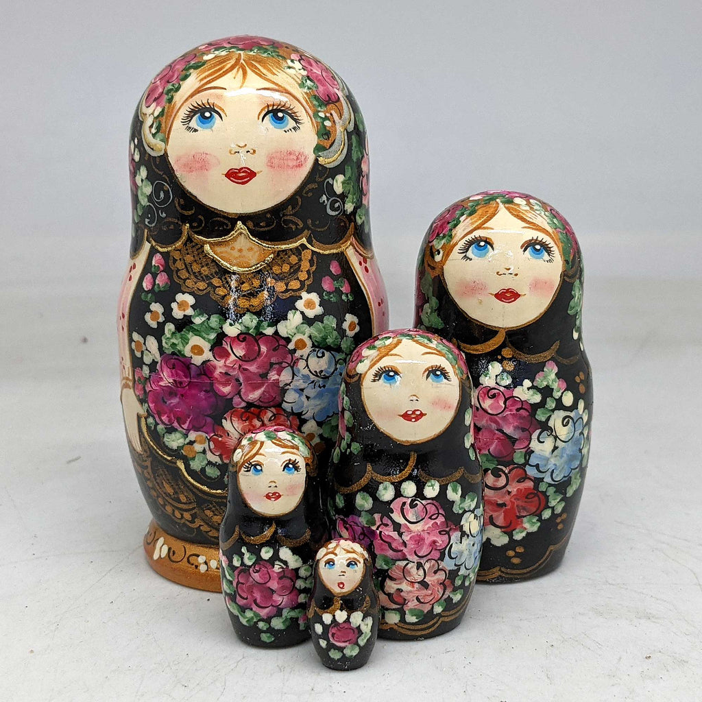 Black Floral Matreshka Nesting Hand-Painted Dolls Set of 5 by G. DeBrekht - Christmas Decor - 140140-2