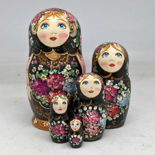Black Floral Matreshka Nesting Hand-Painted Dolls Set of 5 by G. DeBrekht - Christmas Decor - 140140-2