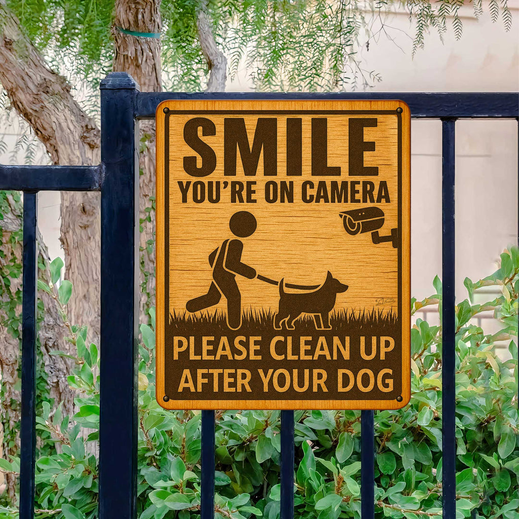 Smile You’re on Camera Wooden Sign – Clean Up After Your Dog – Handcrafted Outdoor Yard Sign by Designocracy – Rustic Pet Warning Sign - 961066