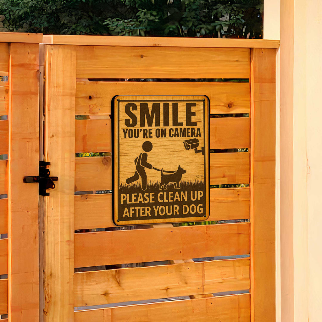 Smile You’re on Camera Wooden Sign – Clean Up After Your Dog – Handcrafted Outdoor Yard Sign by Designocracy – Rustic Pet Warning Sign - 961066