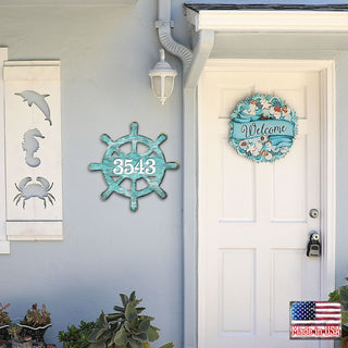 Captain Wheel Coastal Personalized House Number Sign by G. Debrekht - Coastal Sea-Life Decor - Handcrafted Wooden Address Sign - MA98536