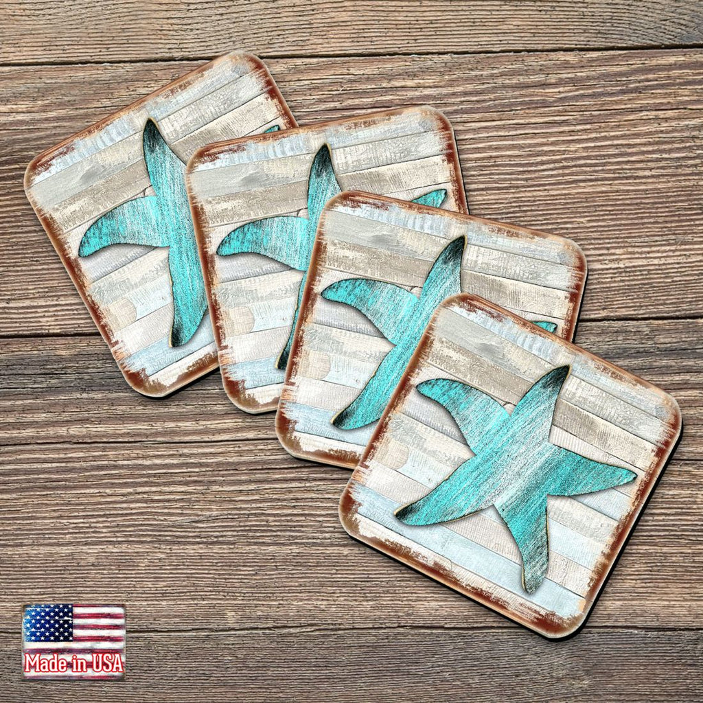 Starfish Wooden Cork Coasters Gift Set of 4 by Nature Wonders - Coastal Sea-Life Decor - 8198531-9C-S4