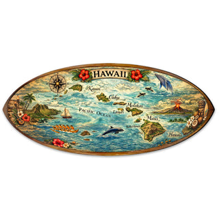 The image is a decorative map of Hawaii, featuring various landmarks, islands, and ocean elements.
