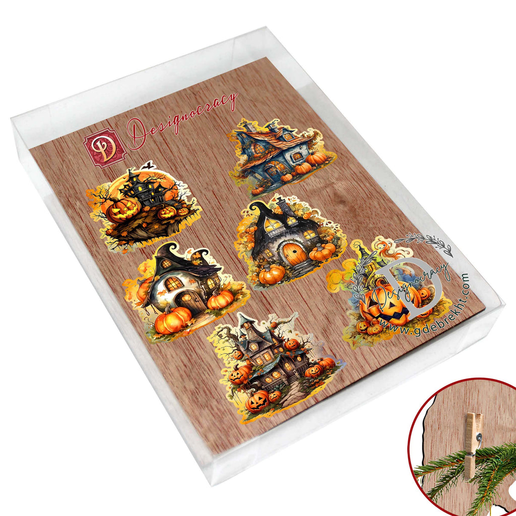 Spooky Houses Clip-On Eco Wood Decorative Ornaments Set of 6 by G. Debrekht - Halloween Decor - 8090007C-S6