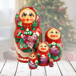 Traditional Red Matreshka Nesting Hand-Painted Dolls Set of 5 by G. DeBrekht - Christmas Decor - 140135