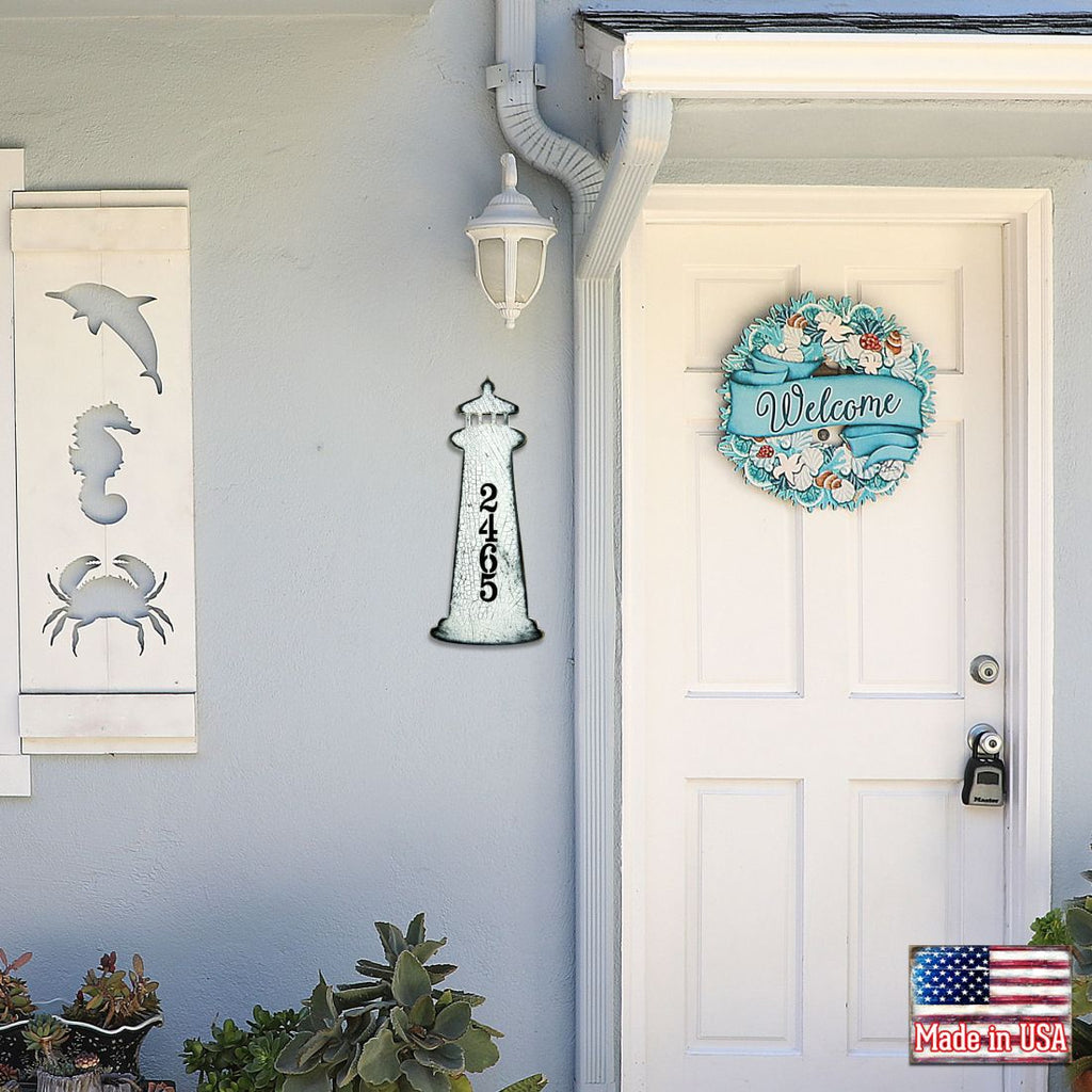 Coastal Wreath Wooden Personalized House Number Sign by G. Debrekht - Coastal Sea-Life Decor - Handcrafted Wooden Address Sign - MA81853062