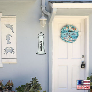 Coastal Wreath Wooden Personalized House Number Sign by G. Debrekht - Coastal Sea-Life Decor - Handcrafted Wooden Address Sign - MA81853062