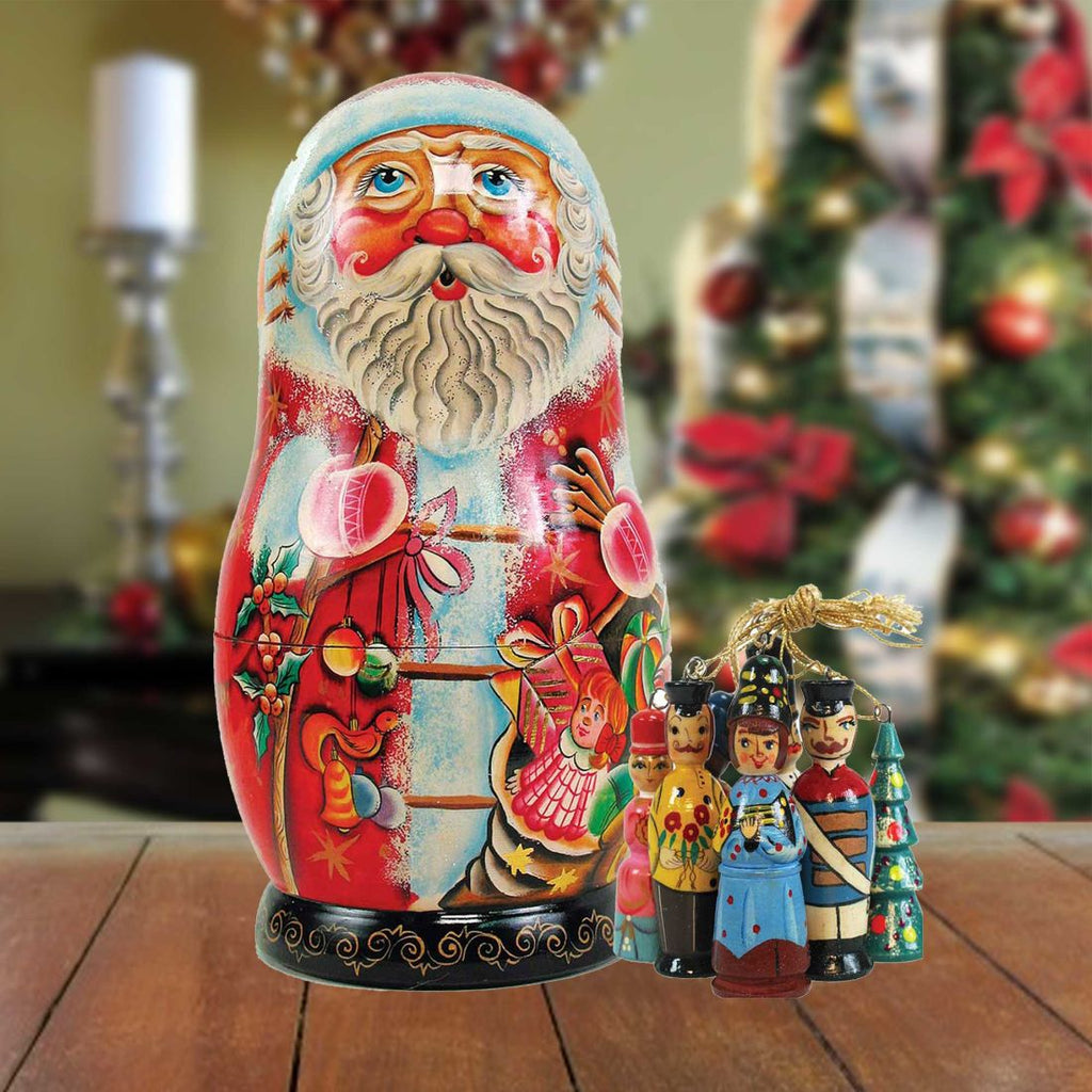 Toy Bag Santa Hand-Painted Doll with Set of Wooden Ornaments by G. DeBrekht - Christmas Santa Snowman Decor - 110712