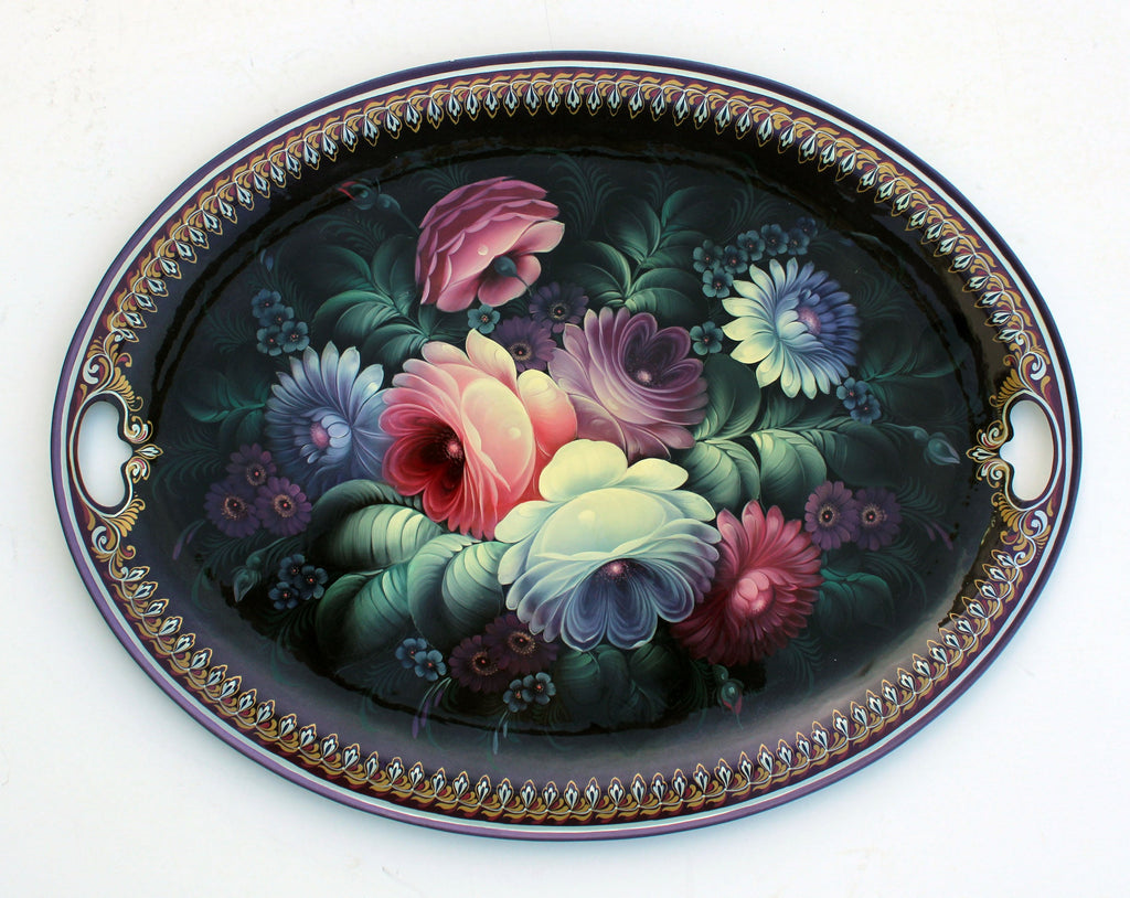 One-of-a-Kind Authentic Zhostovo Hand-Painted Metal Tray by Olga Koshkina 19x15 - Functional Kitchenware Table and Unique Wall Decor