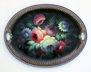 One-of-a-Kind Authentic Zhostovo Hand-Painted Metal Tray by Olga Koshkina 19x15 - Functional Kitchenware Table and Unique Wall Decor