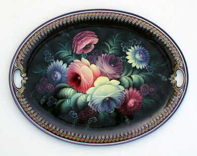 One-of-a-Kind Authentic Zhostovo Hand-Painted Metal Tray by Olga Koshkina 19x15 - Functional Kitchenware Table and Unique Wall Decor