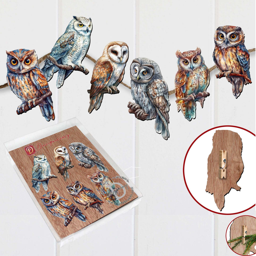 Night Owls Clip-On Eco Wood Decorative Ornaments Set of 6 by G. Debrekht - Christmas Decor - 8090004C-S6