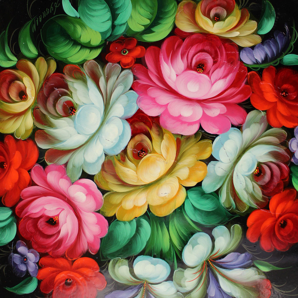 Authentic Zhostovo Floral Hand-Painted Metal Tray - 17x17 - Kitchenware Gift - One-of-a-Kind Decorative Art functional kitchenware table and unique wall decor by G. Debrekht - a One-of-a-Kind Work of Art