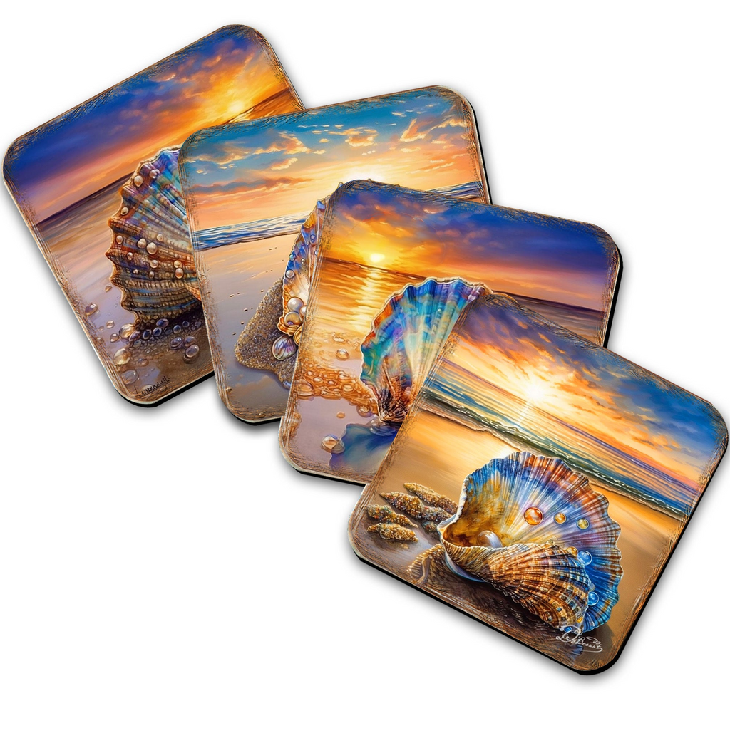 A set of four square coasters featuring vibrant sunset scenes with seashells on the beach.